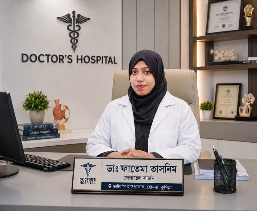ডাঃ ফাতেমা তাসনিম - পাইলস,ফিস্টুলা,ব্রেস্ট টিউমার, পিত্তথলির পাথর, পাস্থলী,হার্নিয়া, এপেন্ডিকস বিশেষজ্ঞ ও সার্জন, ডক্টরস হাসপাতাল কুমিল্লা